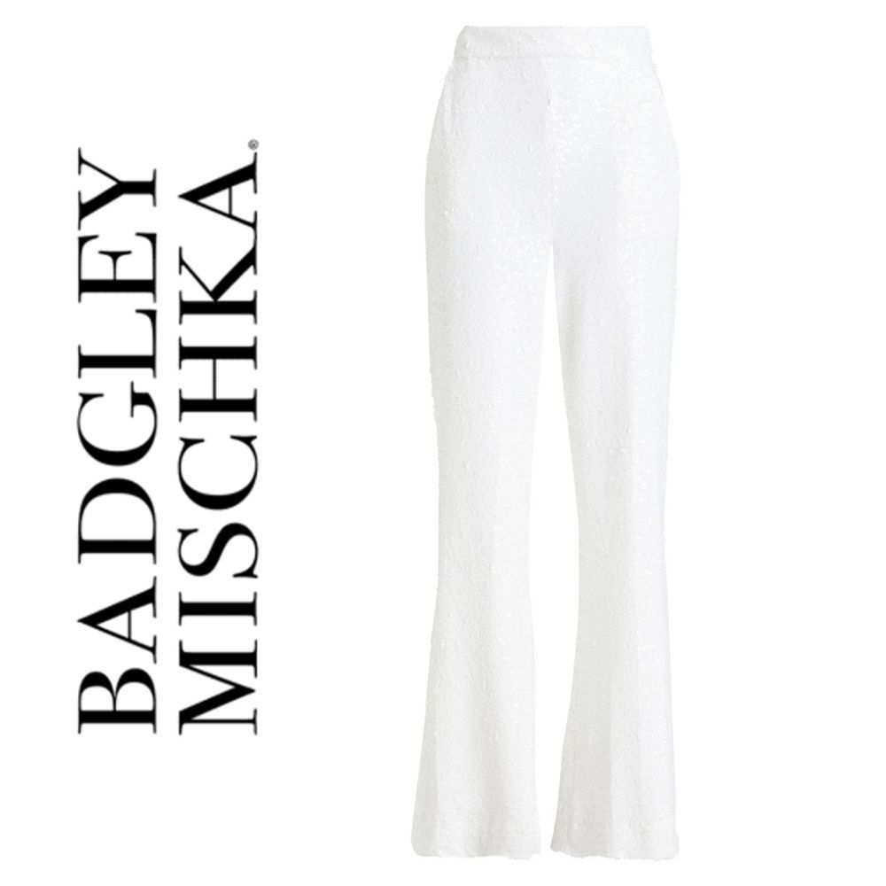 Badgley Mischka Wide leg white sequin pants.